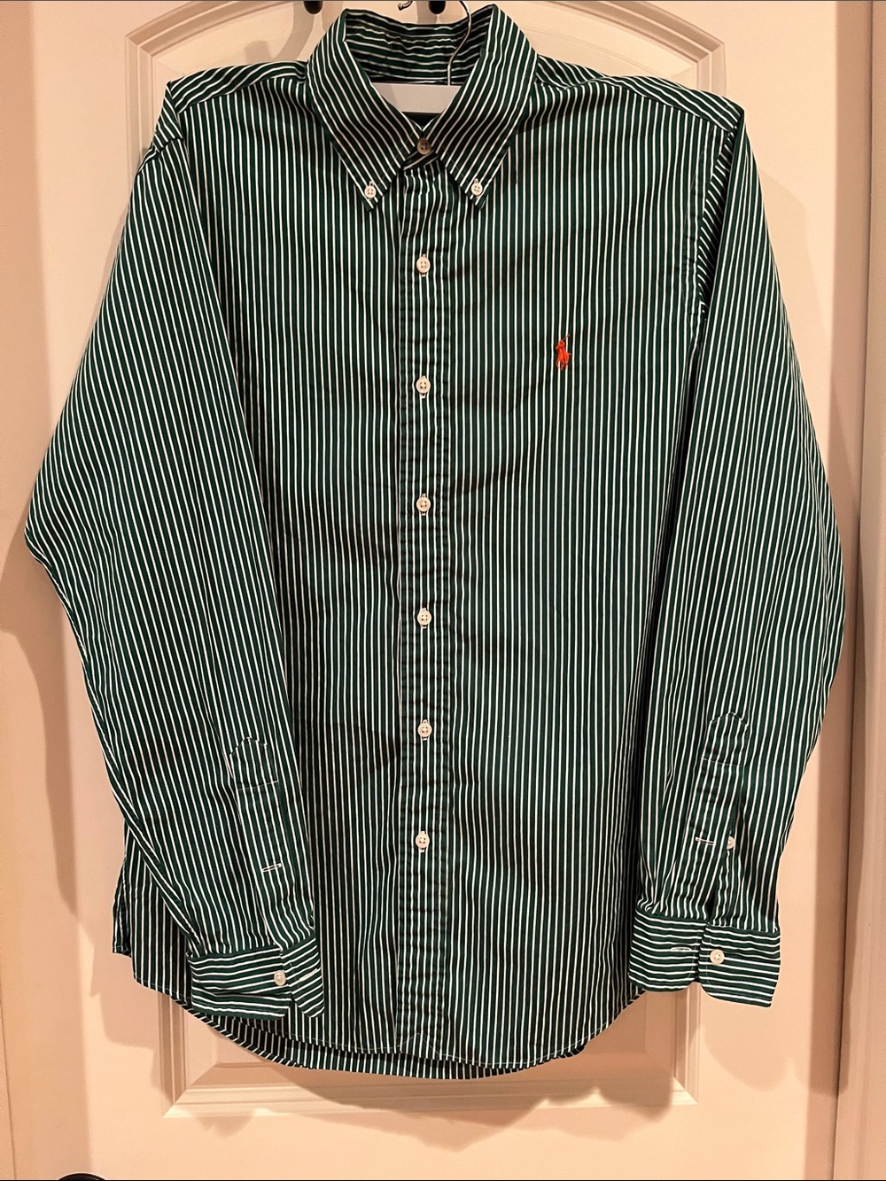 MENS RALPH LAUREN GREEN WHITE STRIPED PONY LOGO BUTTON DOWN LONG SLEEVE PREPPY M